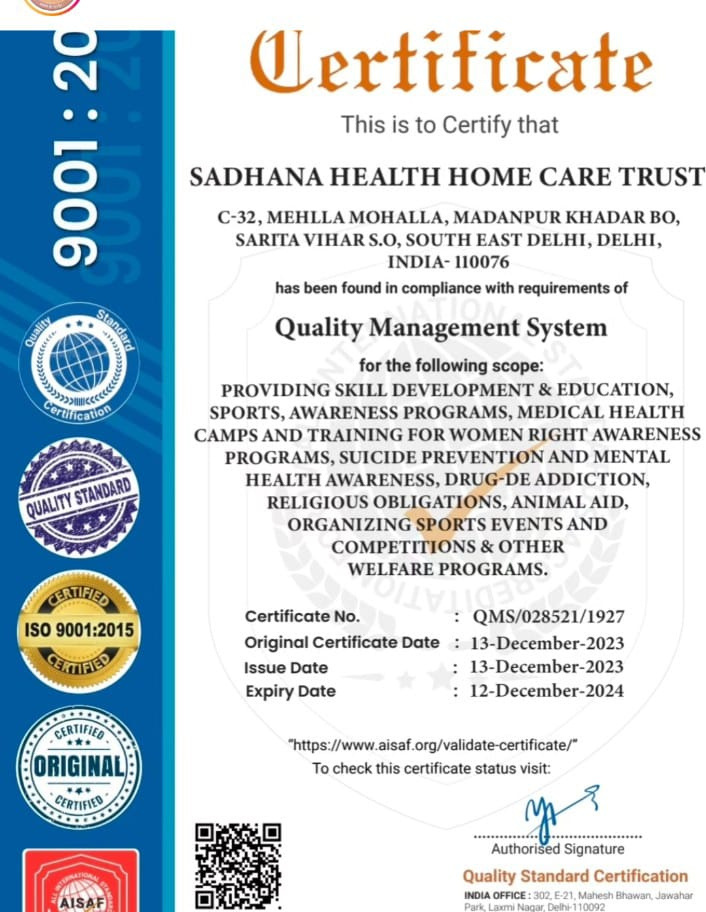 Sadhana Health Home Care Trust ISO 9001:2015 Quality Management System certificate